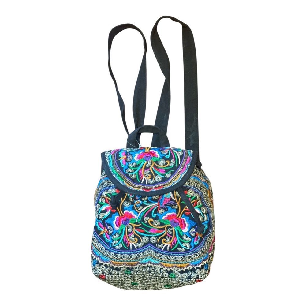 Embroidered Floral Black Backpack - Unbranded- like new 9 X 12 inches